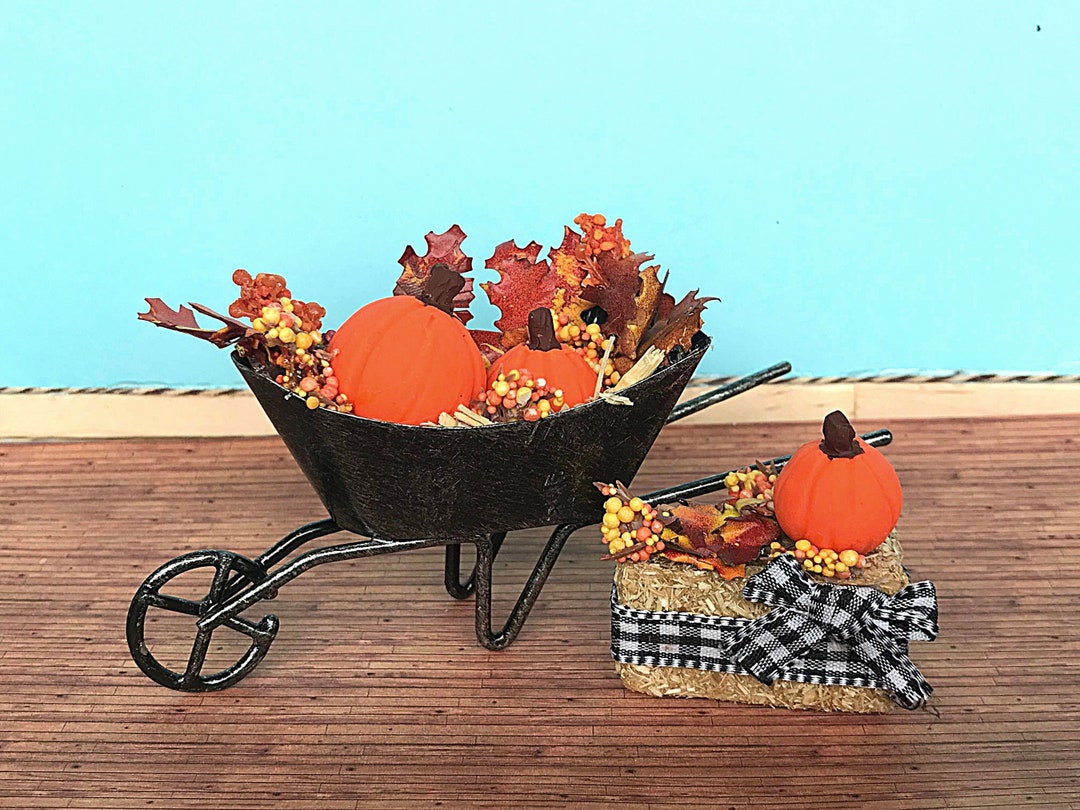 Fall Dollhouse Wheelbarrow With Mini Fall Leaves and Miniature Pumpkins ...