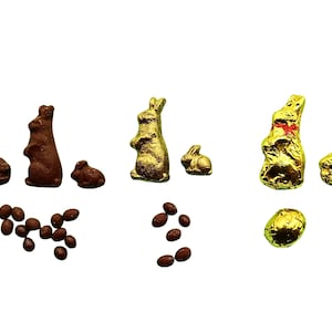 Miniature Dollhouse Chocolate Easter Bunnies with Chocolate eggs, Miniature Gold Foil Bunny and Egg