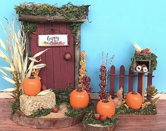 Fall fairy door set, fall fairy garden miniatures, fall decor, fairy garden, fairy garden kit,  fairy garden pumpkins, fairy garden fence