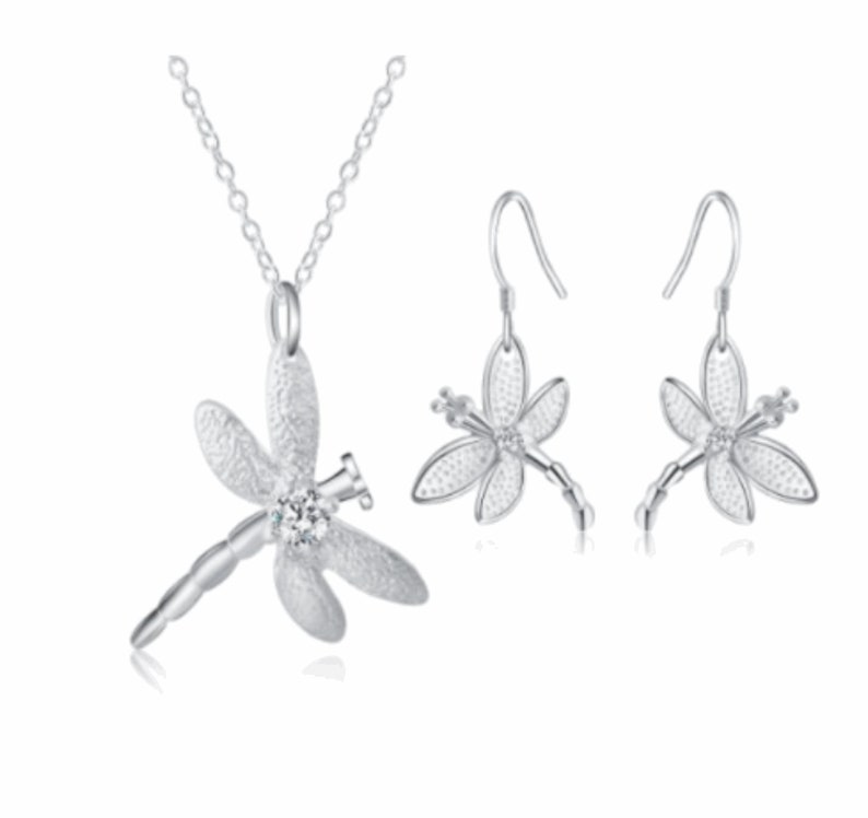 Dragonfly Sterling Silver Pendant and Dangle Drop Earring Set