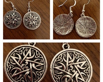 Handmade, ancient silver pentagram earrings, dangle drops on 925 sterling silver hooks, and Pendant Charm with bail, Wicca, pagan.