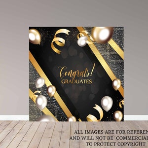 May include: A graduation backdrop featuring a black background with gold detailing. The design includes gold ribbons, diagonal stripes, and the text "Congrats! GRADUATES". The image also shows gold and white balloons, creating a celebratory atmosphere.