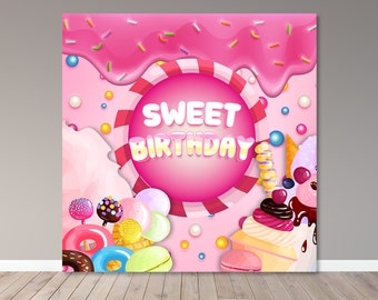 Toile de fond pour anniversaire sur le thème des bonbons – Bannière de fête personnalisée (fichier numérique)