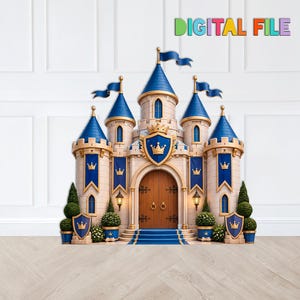 May include: A digital file illustration of a beige stone castle with blue conical roofs, blue flags, and a central wooden door. The castle features gold crown emblems on blue shields, blue banners, and small lanterns flanking the entrance.