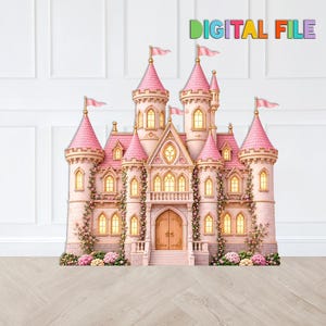 May include: A digital file illustration of a multi-towered pink castle with gold accents, arched windows, and a central wooden door. The structure features climbing vines with pink flowers, pointed roofs with flags, and the text DIGITAL FILE.
