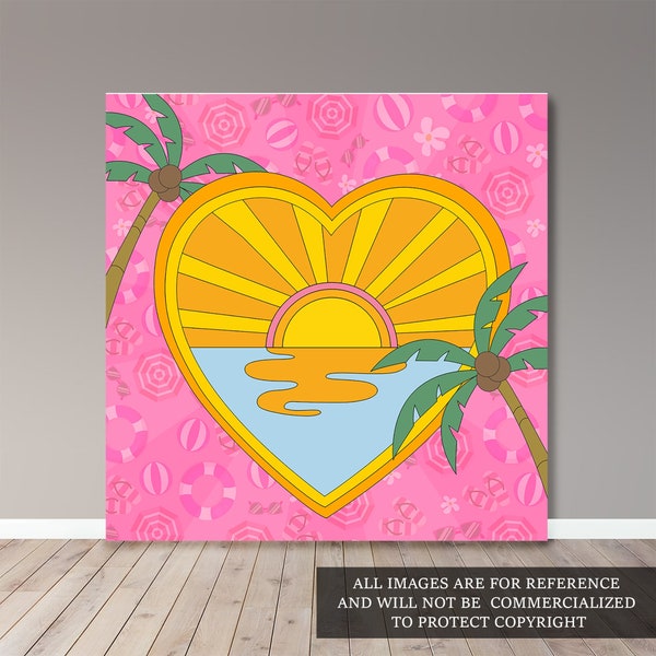 Tropical Beach Party Backdrop – Retro Sunset Heart, Customizable (Digital File)