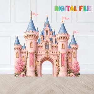 May include: A digital file featuring a pink castle with blue conical roofs, multiple towers, arched windows, and a central gateway. The structure is adorned with pink banners, climbing vines, and blooming pink trees at the base, with the text DIGITAL FILE.