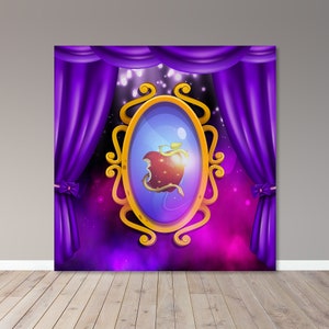 May include: A purple backdrop with a gold ornate mirror frame. The mirror reflects a red apple with a bite taken out of it. The backdrop has a starry night sky effect.