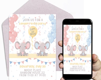 Invitación para revelación de género con temática de elefantes – Móvil o impresa (archivo digital)