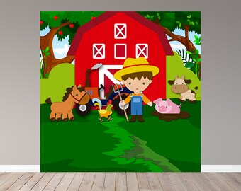 Puede incluir: Ilustración colorida de una escena de granja con un granero rojo, un granjero y varios animales de granja. El granjero sostiene un horca, y los animales incluyen un caballo, una vaca, un cerdo y un gallo. El fondo presenta árboles y un campo verde.