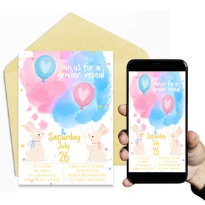 Gender Reveal - Cute Bunny - Digital o Impreso - Invitación electrónica para teléfono móvil - Plantilla - Documentos digitales - Archivo de invitación