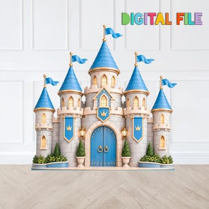 May include: A digital file illustration of a light gray stone castle with blue conical roofs, blue flags, and blue arched doors. The structure features gold crown emblems, glowing windows, and small green potted shrubs flanking the main entrance.