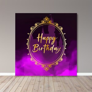 May include: Purple and gold birthday backdrop with a silhouette of a castle and the text "Happy Birthday" in a gold ornate frame.