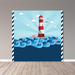 May include: A nautical-themed backdrop featuring a lighthouse with red and white stripes, set against a blue sky with clouds and seagulls. The lighthouse sits on rocks amidst stylized blue waves, with starfish accents. The backdrop has a navy blue border with white and black stripes.