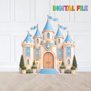 May include: A digital file illustration of a castle with light beige stone walls, blue conical roofs, and blue flags. The structure features a central arched wooden door, gold crown emblems, blue banners, and potted green shrubs at the base.