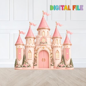 May include: A digital file illustration of a pink and cream-colored castle with five towers, each topped with a pink flag. The structure features a central arched doorway, gold accents, and floral arrangements at the base of the towers.