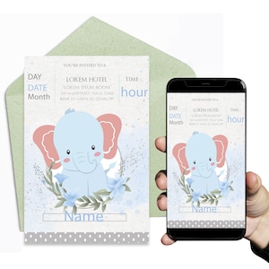 Baby Shower - Słodki Słoń - Cyfrowy - Elektroniczne Zaproszenie na Telefon Komórkowy - Szablon - Cyfrowe Papiery - Plik Zaproszenia