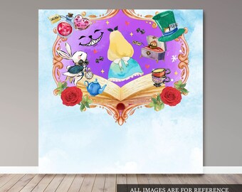 May include: A whimsical Alice in Wonderland themed backdrop featuring a purple background with a gold ornate frame. The frame surrounds a book with a white rabbit, a teapot, a Cheshire cat, a heart, a clock, a music box, a hat, and a teacup. The backdrop is perfect for a party or photo shoot.