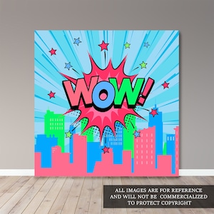 Peut inclure: Une toile de fond de style bande dessinée colorée avec une ville et une grande bulle de dialogue "WOW!" rouge, rose, bleue et verte.