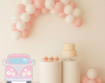 May include: A party scene featuring a pink and white balloon arch. A pink and grey van cutout with daisy accents is in the foreground. Two white pedestals hold a two-tiered cake and cupcakes. Additional pink and white balloons are on the right.