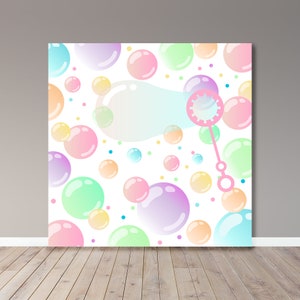 May include: A white background with a pattern of pastel colored bubbles and a pink bubble wand. The bubbles are in various sizes and shapes.