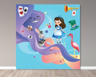 May include: Alice in Wonderland themed illustration featuring a purple, pink, and blue swirling background with a white rabbit, a flamingo, a Cheshire cat, and Alice in a blue dress.