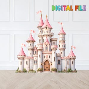 May include: A digital file of a castle with light gray stone walls, multiple towers topped with pink conical roofs, small pink flags, arched windows, a central wooden double door, and small green bushes at the base of the structure.