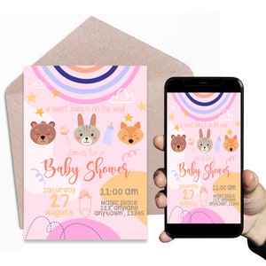 Baby Shower - Słodkie zwierzęta - Cyfrowe lub drukowane - Elektroniczne zaproszenie na telefon komórkowy - Szablon - Cyfrowe dokumenty - Plik zaproszenia