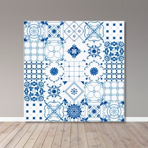 May include: A blue and white patterned tile design with various geometric and floral motifs. The tiles are arranged in a grid pattern, creating a visually appealing and intricate design.