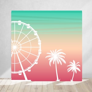 Op de afbeelding: Een digitale achtergrond met een wit silhouet van een reuzenrad tegen een gradiëntachtergrond van turquoise, perzik en roze. Twee witte palmbomen zijn gesilhouetteerd op de achtergrond.