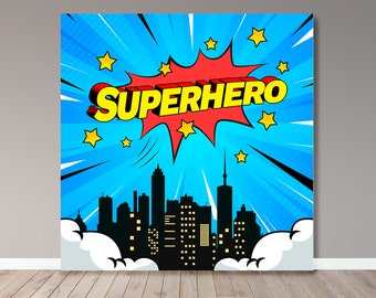 Toile de fond de fête paysage urbain de super-héros – bannière personnalisée (fichier numérique)