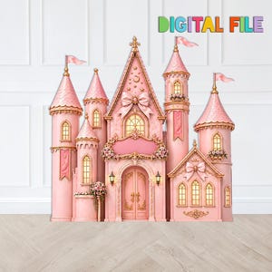 May include: A digital file illustration of a pink castle with multiple towers, gold accents, and arched windows. The structure features a large central bow, floral decorations, and small flags atop the spires. The text DIGITAL FILE is visible.