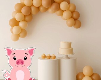May include: A party scene with a pink pig cutout, a balloon arch in tan and peach hues, a two-tiered cake, cupcakes, and white cylindrical pedestals. The scene is set against a neutral background, creating a festive atmosphere.