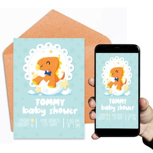 Baby Shower - Uroczy dinozaur - Cyfrowe lub drukowane - Elektroniczne zaproszenie na telefon komórkowy - Szablon - Cyfrowe dokumenty - Plik zaproszenia