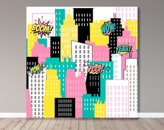Toile de fond paysage urbain Girl Power – bannière de fête de super-héros (fichier numérique)