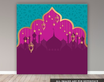 May include: A digital backdrop featuring a silhouette of a mosque with golden stars and lanterns hanging from a turquoise archway against a magenta background.