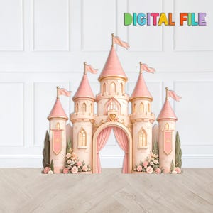 May include: A digital file graphic of a pink and cream-colored castle with five towers, pointed roofs, flags, a central arched entryway with draped curtains, a heart emblem, and floral arrangements at the base of the structure.