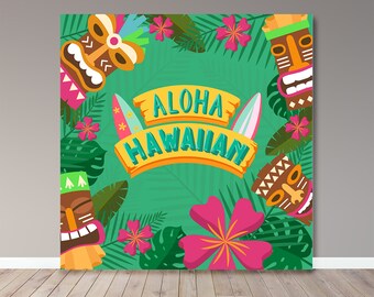 Könnte beinhalten: Ein grüner Hintergrund mit tropischen Blättern, Blumen und Tiki-Masken. Der Text "Aloha Hawaiian" ist auf einem gelben Banner geschrieben.