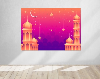 May include: A digital illustration of a pink and purple night sky with a crescent moon and stars. Silhouettes of orange mosques with minarets are in the foreground.