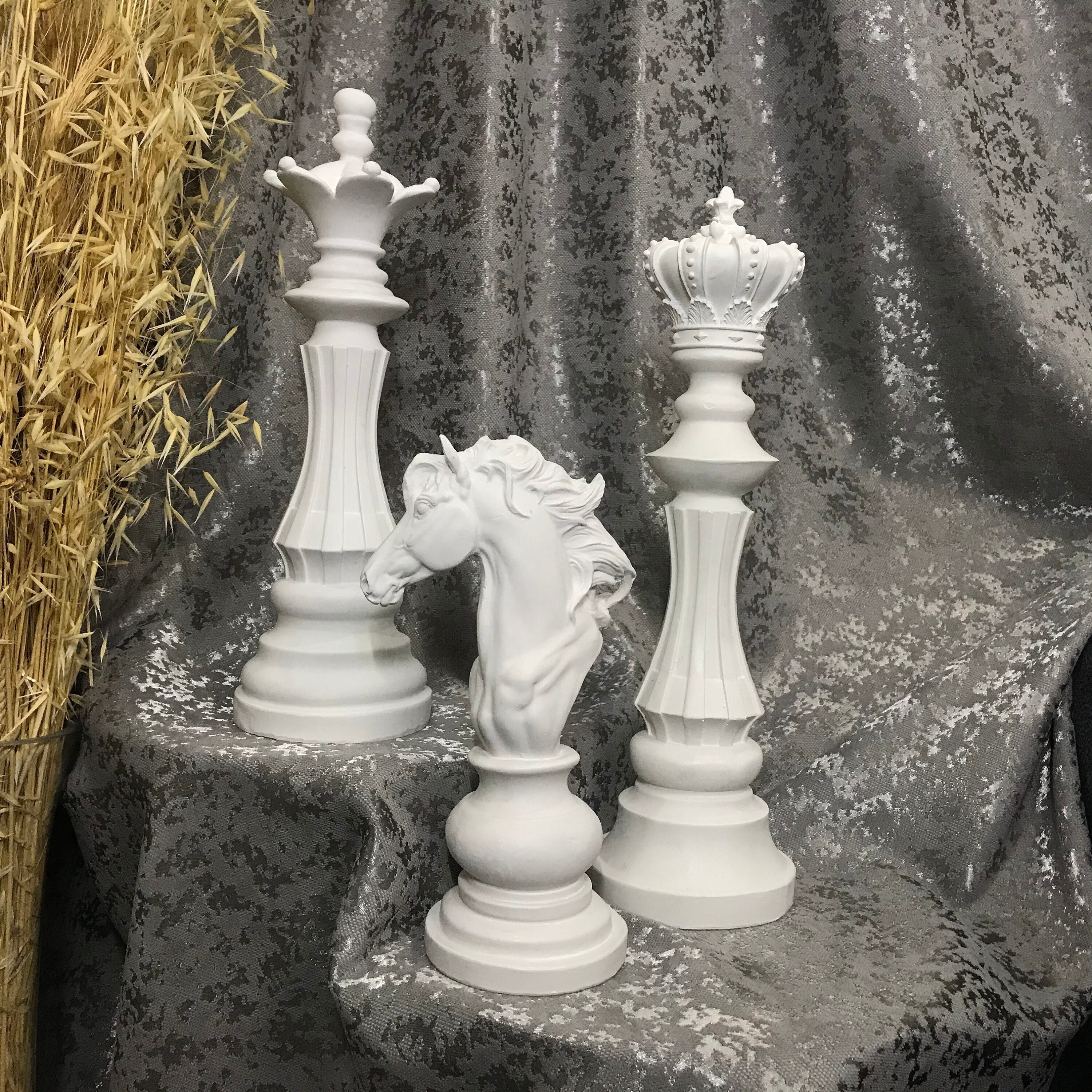 Large Chess Set Statue Sculpture Black Modern Home Decor King Queen Knight