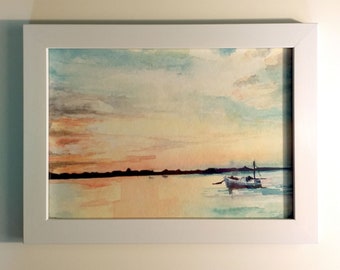 Guernsey Sunset, unframed watercolour print, art print, boat, seascape, wall art, gift