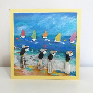 Bon Voyage, Pastello disegnato a mano, arte dei ciottoli, arte da spiaggia, carta bianca,