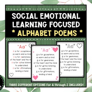 SEL Poemas del alfabeto de aprendizaje socioemocional / Poemas de la letra de la semana / Actividades de poemas ABC, Consejero escolar, Maestro, Regreso a la escuela