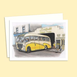 Biglietto di auguri per viaggio in pullman - Illustrazione disegnata a mano - Opere d'arte nostalgiche dei tempi passati - Qualsiasi biglietto per l'occasione lasciato vuoto all'interno per il tuo messaggio