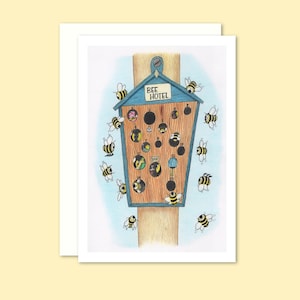 Bienen Grußkarte - Handgezeichnete Bleistift Illustration eines niedlichen geschäftigen Bienenhotels - Blank für Ihre eigene Nachricht