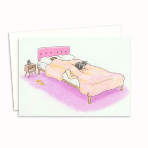 Biglietto d'auguri a forma di gatto - Illustrazione disegnata a mano, carina e accogliente per la buonanotte, per un amante dei gatti - Interno vuoto