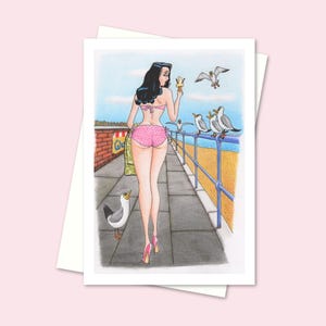 Tarjeta de felicitación con postal junto al mar: tarjeta con dibujos animados de estilo antiguo para cualquier ocasión. Interior en blanco para tu propio mensaje.