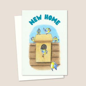 Tarjeta de felicitación para casa nueva - Ilustración de pájaros de jardín - Tarjeta de inauguración de la casa - Interior en blanco