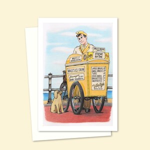 Seaside Greeting Card with a Hand Drawn Illustration of an Ice Cream Seller by the Sea with an Adorable Dog, Blank Card for Any Occasion