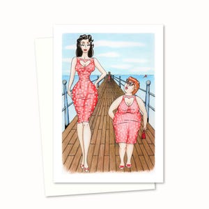 Seaside Humor-wenskaart - handgetekende illustratie van een sociale ramp met bijpassende outfits - blanco binnenkant voor je bericht